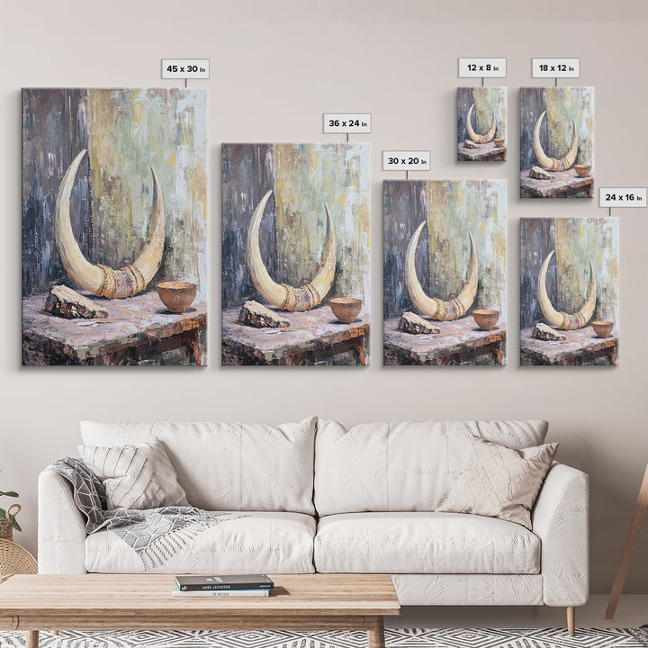 Curved Ivory Horn And Rustic Bowl Still Life Framed Canvas Print, African Inspired Wall Art, Tribal Decor, Moody Neutral Art