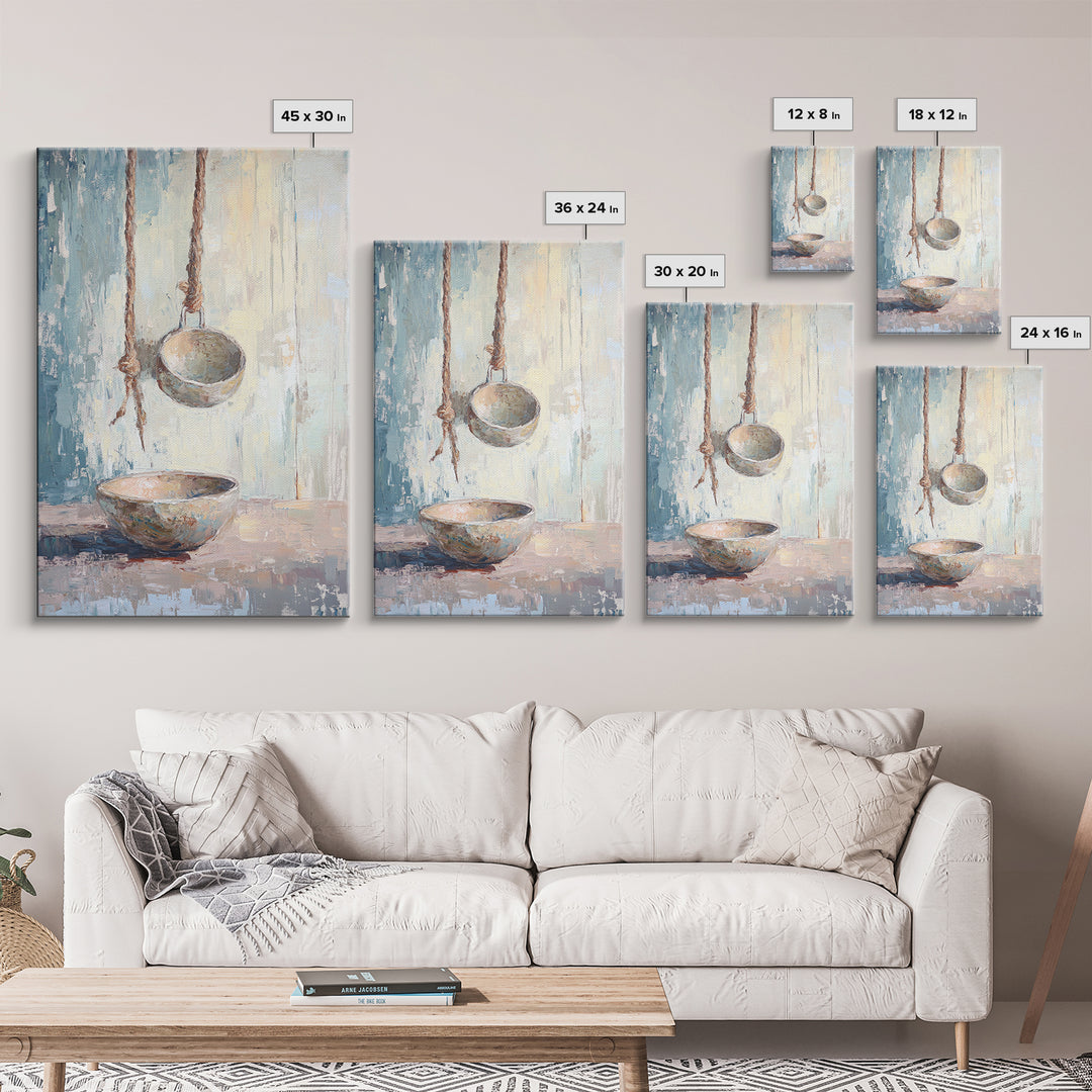 Hanging Ceramic Bowls Wall Art, Wabi Sabi Still Life Canvas Print, Neutral Rustic Kitchen Decor, Japandi Wall Decor Gift