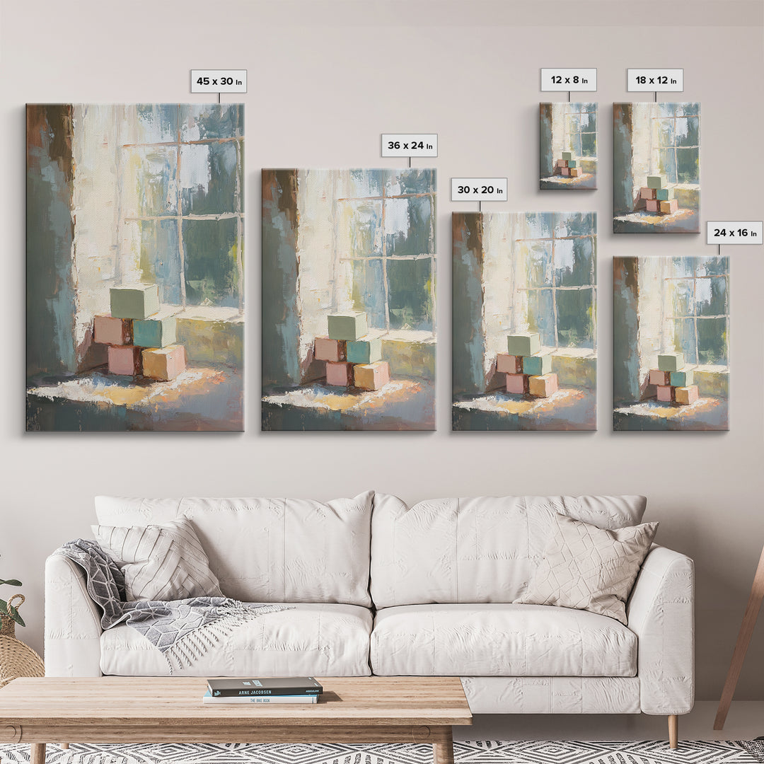 Pastel Wooden Blocks By Window Wall Art, Nursery Still Life Canvas Print, Kids Room Decor, Playroom Wall Art, Baby Gift Idea