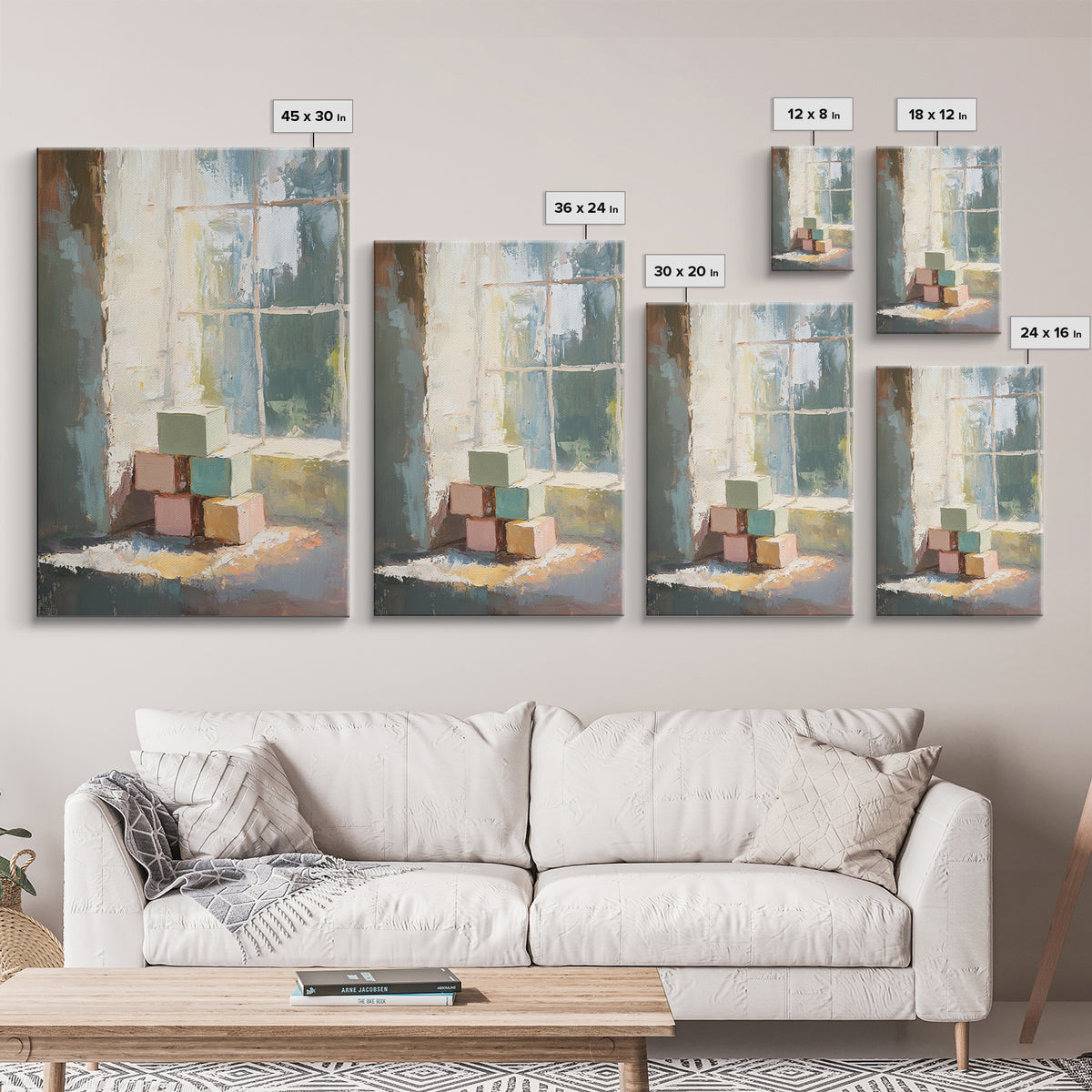 Pastel Wooden Blocks By Window Wall Art, Nursery Still Life Canvas Print, Kids Room Decor, Playroom Wall Art, Baby Gift Idea