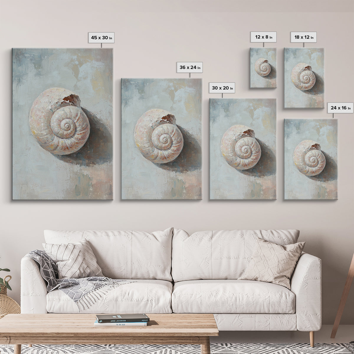 Textured Seashell Still Life Framed Canvas Print, Coastal Wall Art, Beach House Decor, Nautical Bathroom Wall Decor, Ocean Art