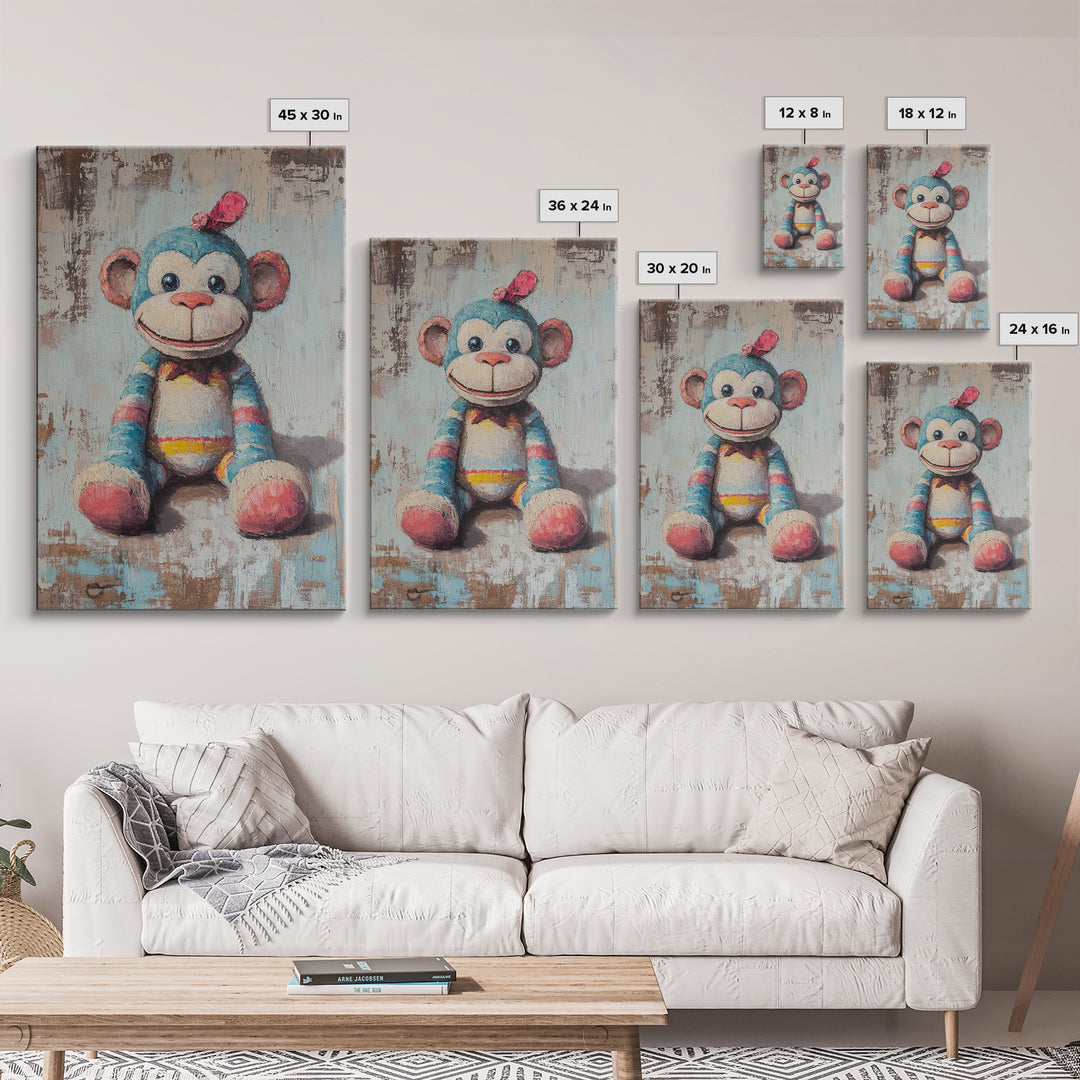 Whimsical Sock Monkey Canvas Print, Nursery Wall Art, Kids Room Decor, Cute Animal Art, Baby Shower Gift, Playroom Decor