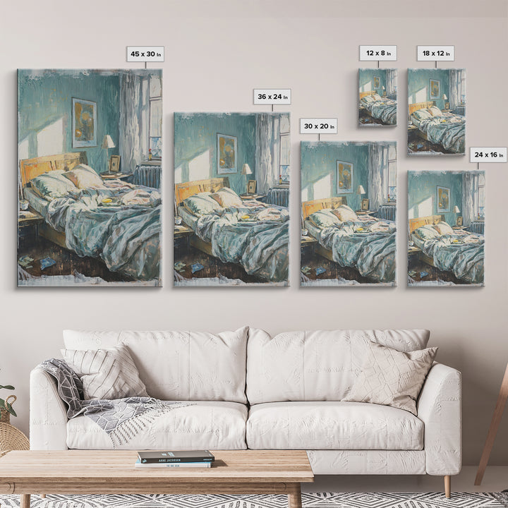 Messy Sunlit Bedroom Canvas Print, Cozy Bedroom Wall Art, Above Bed Decor, Modern Home Decor, Guest Room Wall Decor, Living Room Decor