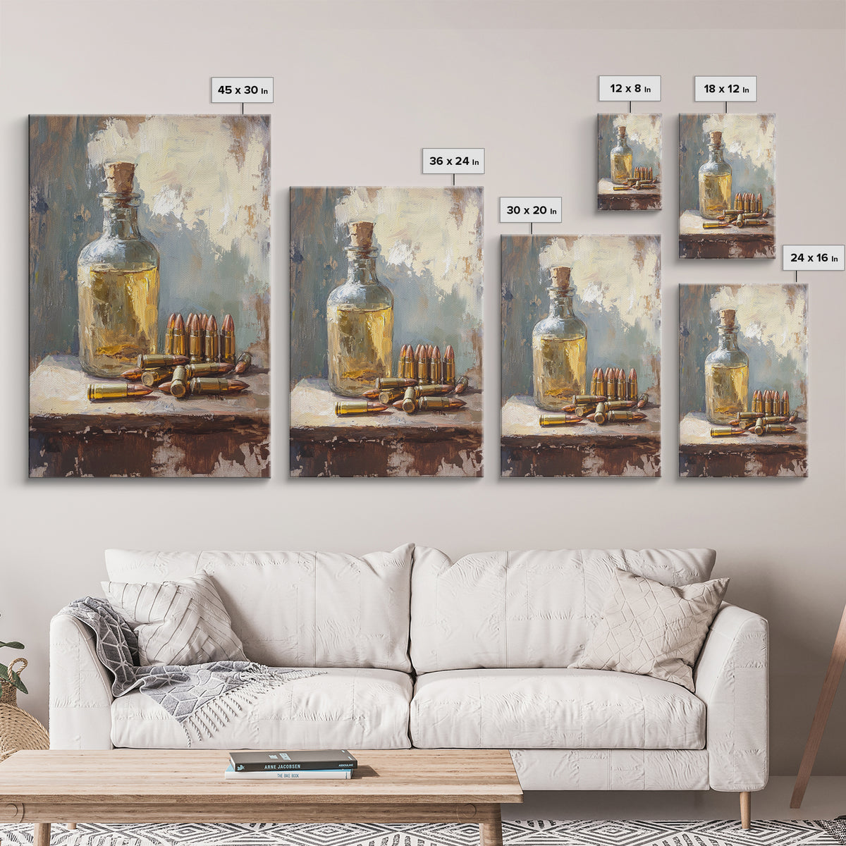 Amber Bottle And Brass Bullets Still Life Wall Art, Masculine Man Cave Decor, Rustic Office Print, Gift For Him, Moody Canvas