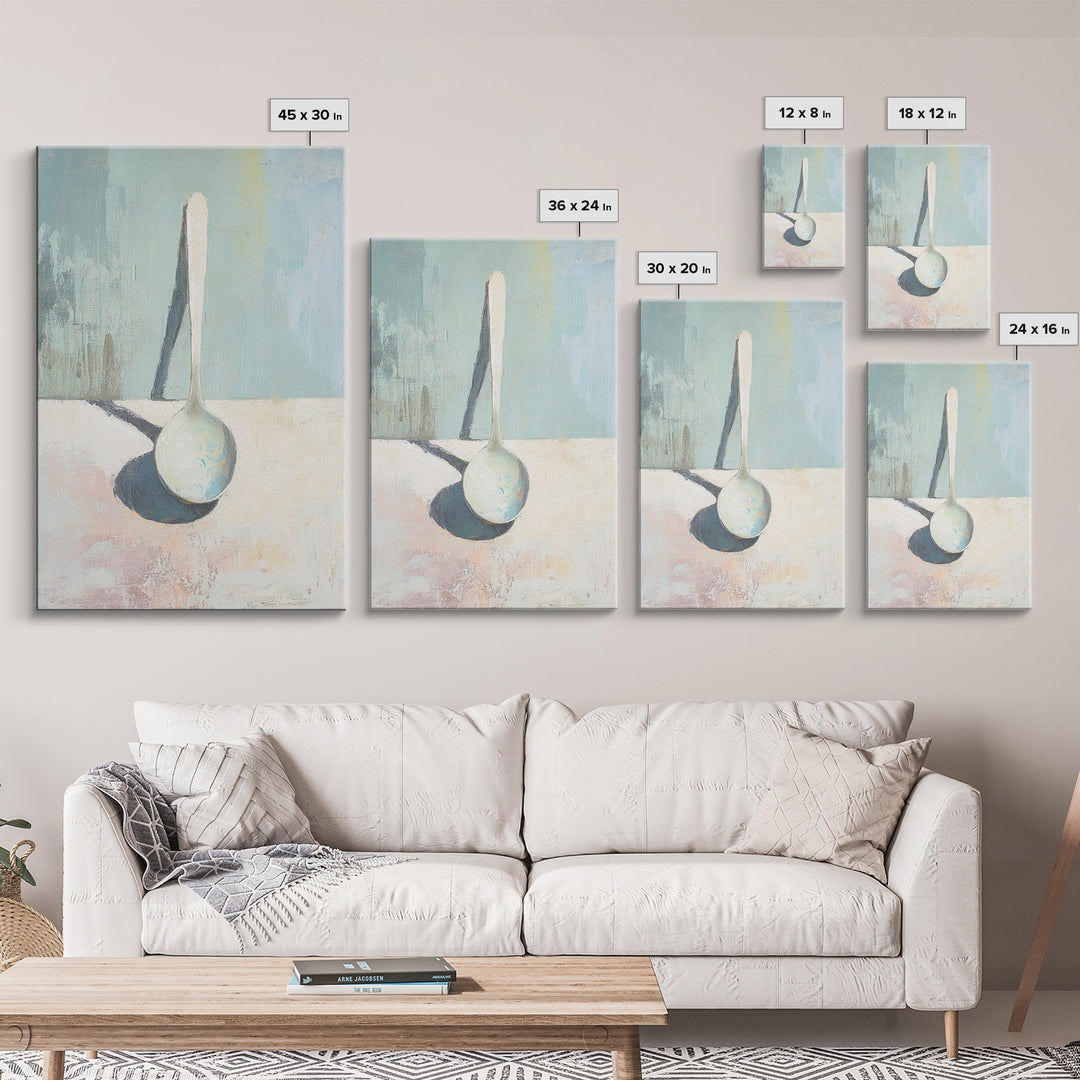 Single White Spoon Minimal Still Life Wall Art, Blue Shadow Minimalist Decor, Neutral Kitchen Print, Modern Canvas Print