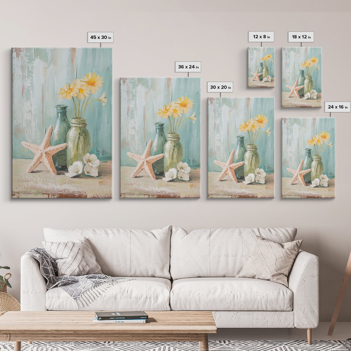 Starfish Daisies And Sea Glass Bottles Coastal Wall Art, Beach House Decor, Floral Canvas Print, Summer Gift For Her, Bathroom Decor