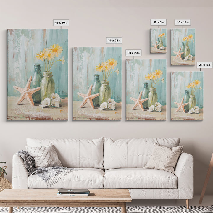 Starfish Daisies And Sea Glass Bottles Coastal Wall Art, Beach House Decor, Floral Canvas Print, Summer Gift For Her, Bathroom Decor