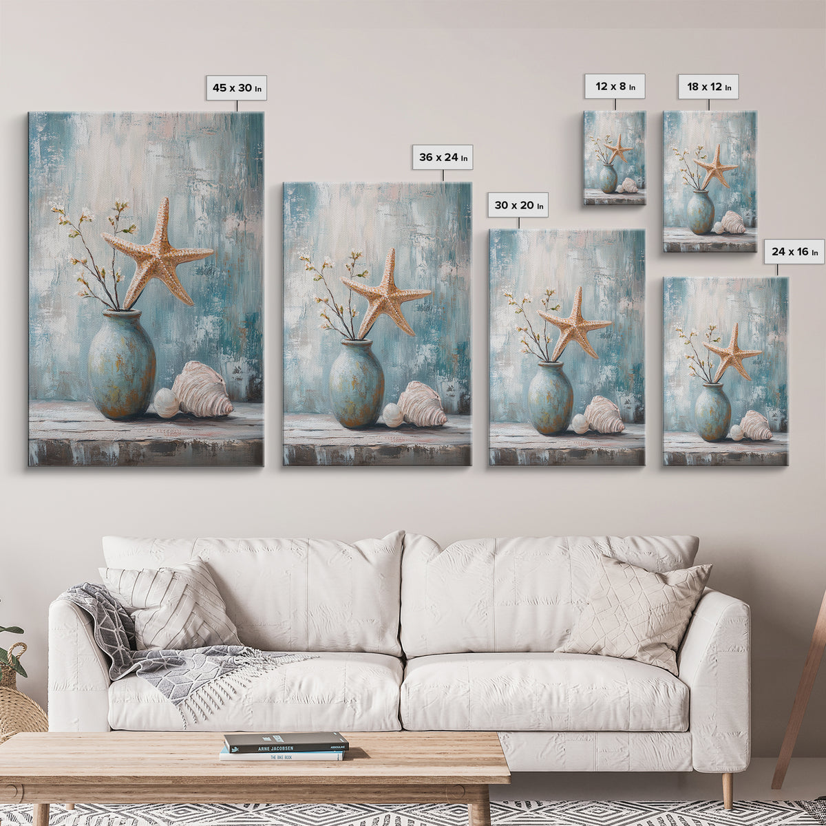 Orange Starfish Seashell And Blue Vase Coastal Wall Art, Nautical Beach Decor, Ocean Canvas Print, Serene Bathroom Art For Home