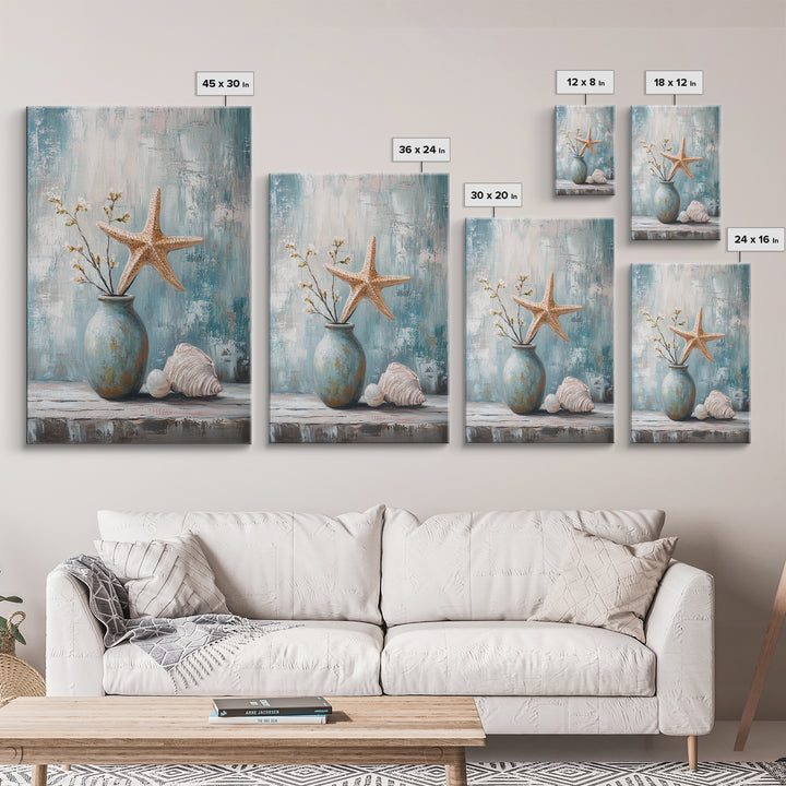 Orange Starfish Seashell And Blue Vase Coastal Wall Art, Nautical Beach Decor, Ocean Canvas Print, Serene Bathroom Art For Home