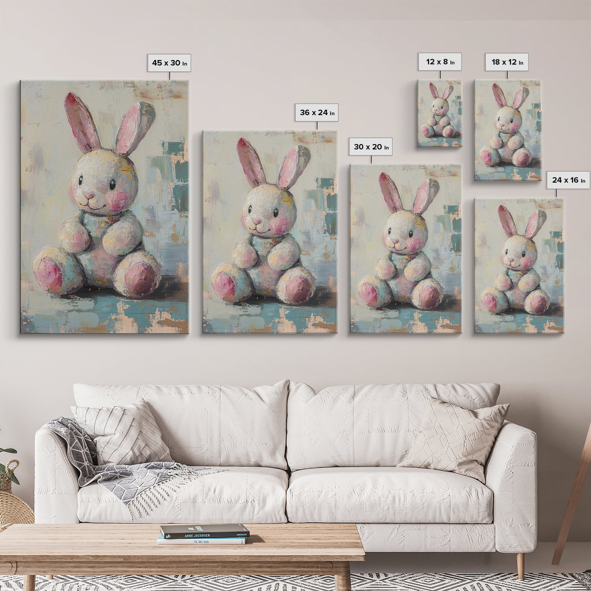 Plush Bunny Toy With Pink Ears Canvas Print, Whimsical Nursery Wall Art, Baby Girl Room Decor, Cute Animal Art, Baby Shower Gift