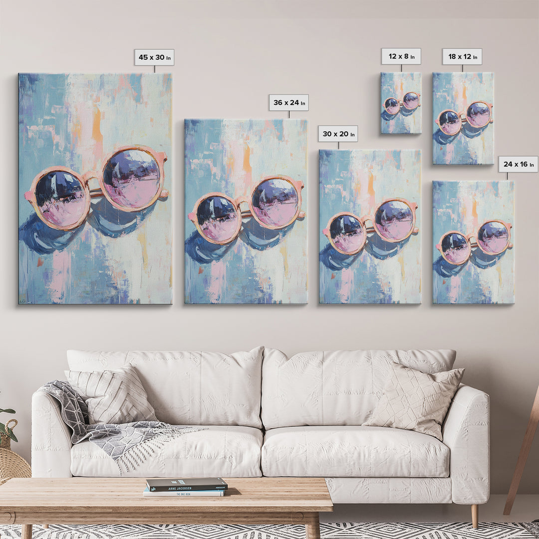 Pink Sunglasses On Blue Abstract Canvas Print, Fashion Wall Art, Dopamine Decor, Trendy Prints, Cool Girl Room Decor, Modern Wall Decor