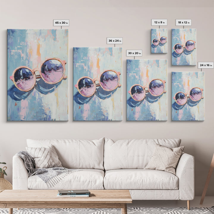 Pink Sunglasses On Blue Abstract Canvas Print, Fashion Wall Art, Dopamine Decor, Trendy Prints, Cool Girl Room Decor, Modern Wall Decor