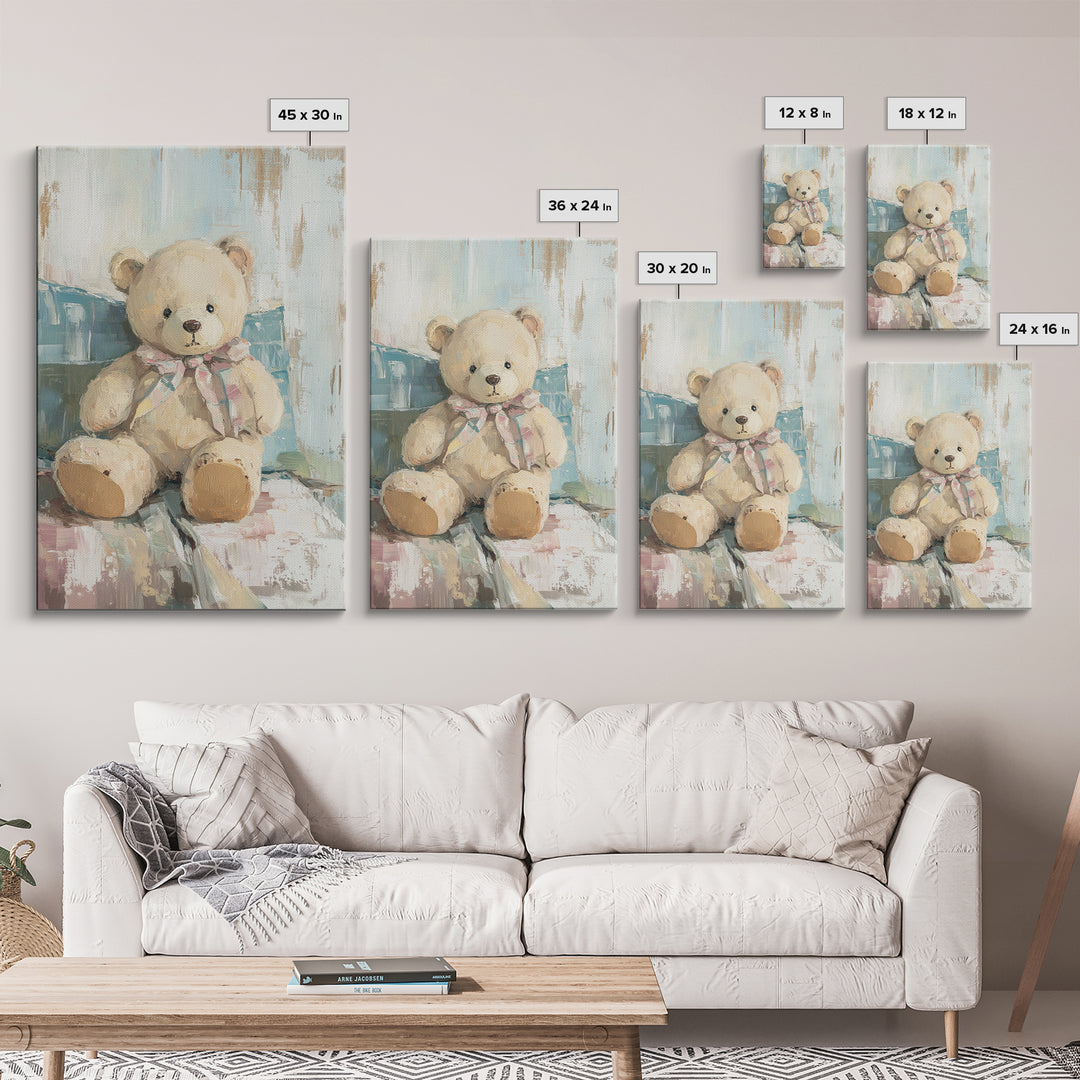 Cream Teddy Bear On Blue Pillow Framed Canvas Print, Nursery Wall Art, Kids Room Decor, Baby Shower Gift, Neutral Nursery Decor