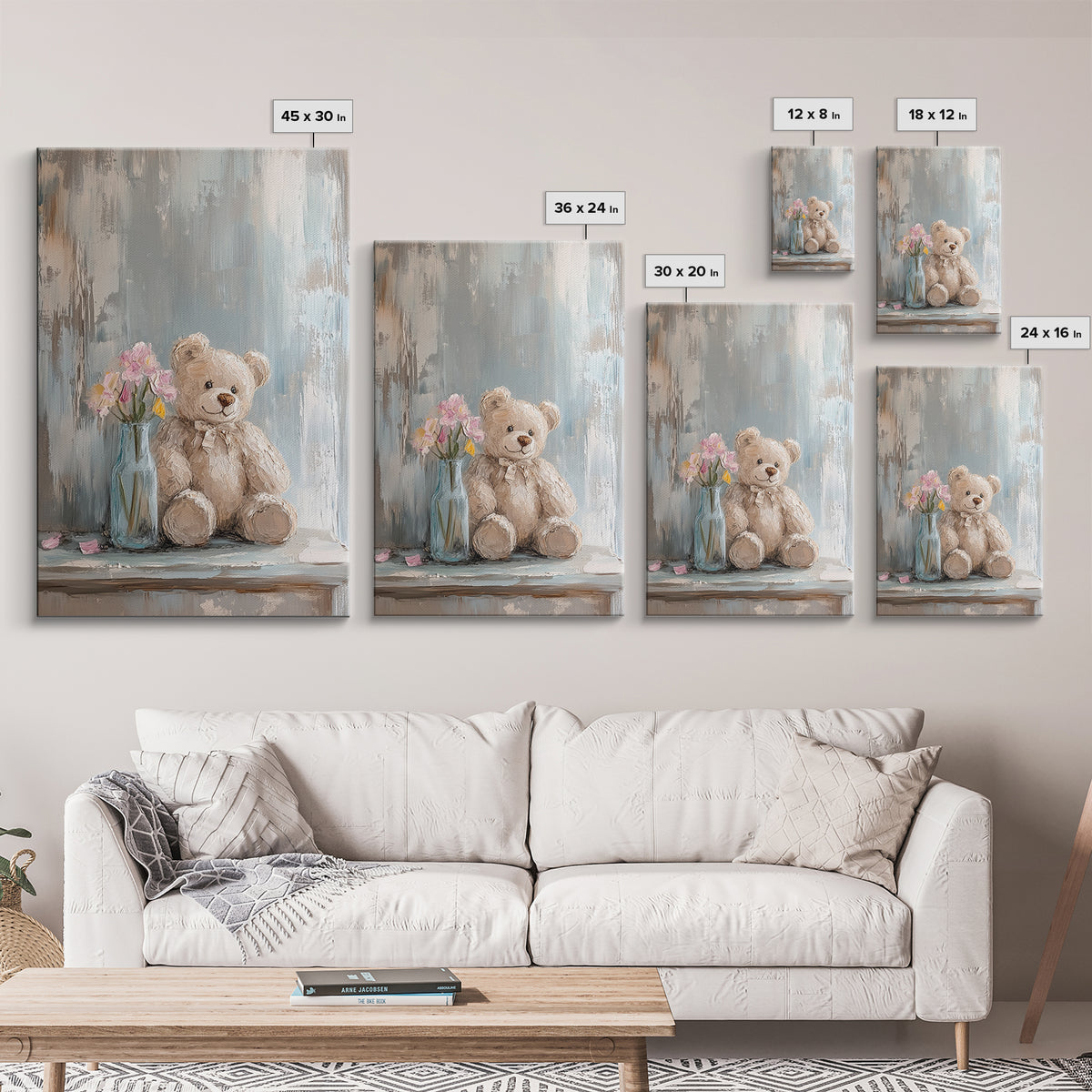 Smiling Teddy Bear With Pink Flowers Wall Art, Nursery Decor, Kids Room Art, Baby Shower Gift, Whimsical Animal Print, Girl Nursery Decor