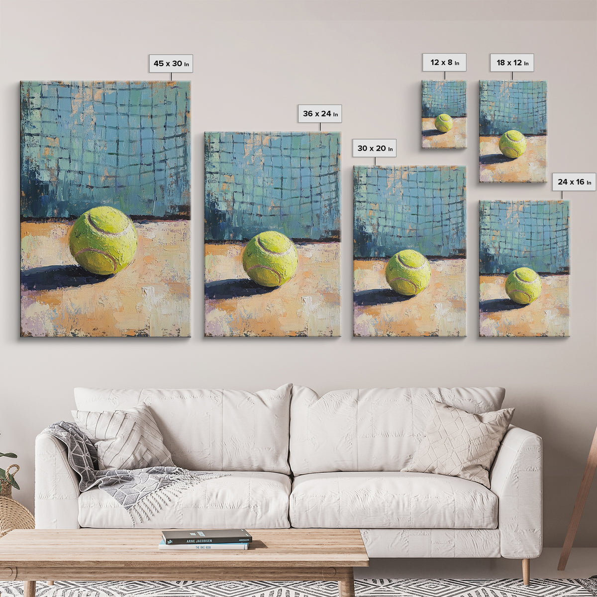 Bright Tennis Ball By Court Net Wall Art, Sports Room Decor, Game Room Art Print, Athletic Gift For Him, Home Gym Decor, Office Decor