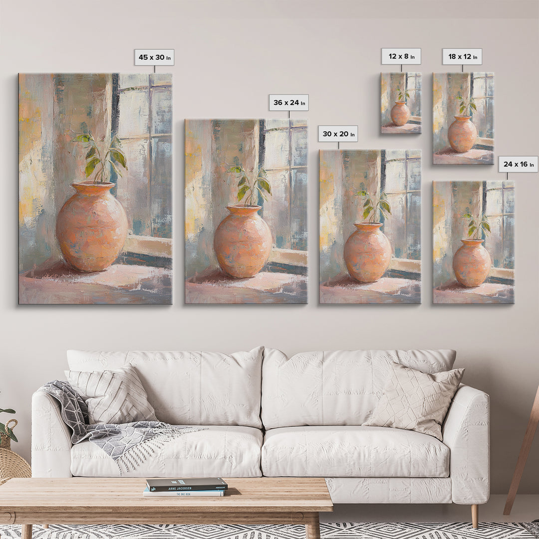 Terracotta Vase With Green Plant Framed Canvas Print, Rustic Botanical Wall Art, Neutral Home Decor, Entryway Wall Decor