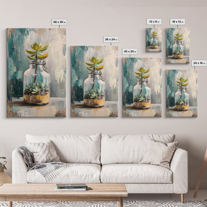 Succulent Terrarium In Glass Jar Wall Art, Botanical Canvas Print, Teal Still Life Decor, Plant Lover Housewarming Gift