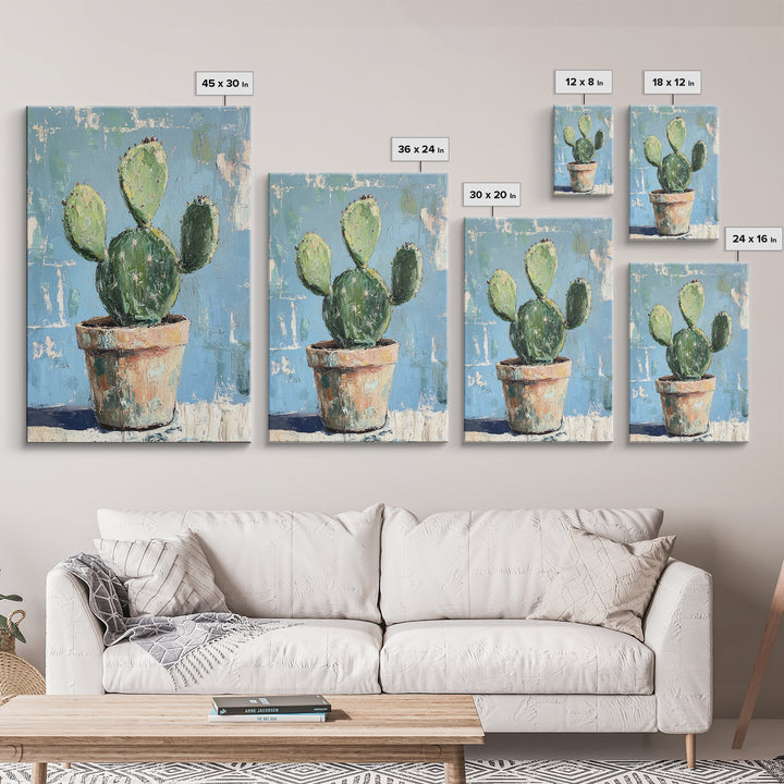 Prickly Pear Cactus In Clay Pot Wall Art, Desert Botanical Canvas Print, Southwest Decor, Plant Lover Housewarming Gift Idea