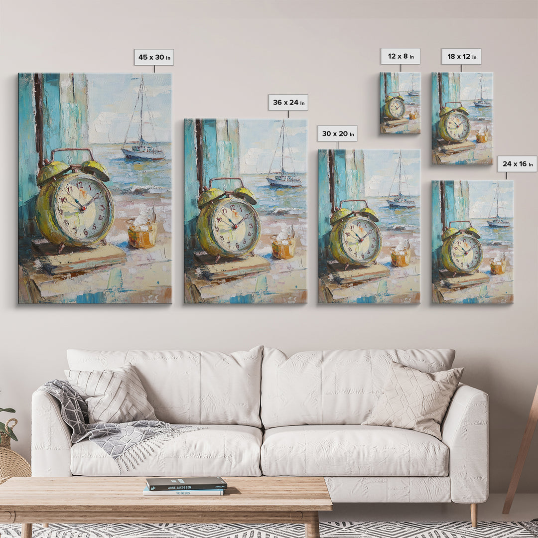Nautical Alarm Clock Still Life Framed Canvas Print, Coastal Wall Art, Beach House Decor, Sailboat Ocean Art Print, Nautical Home Decor
