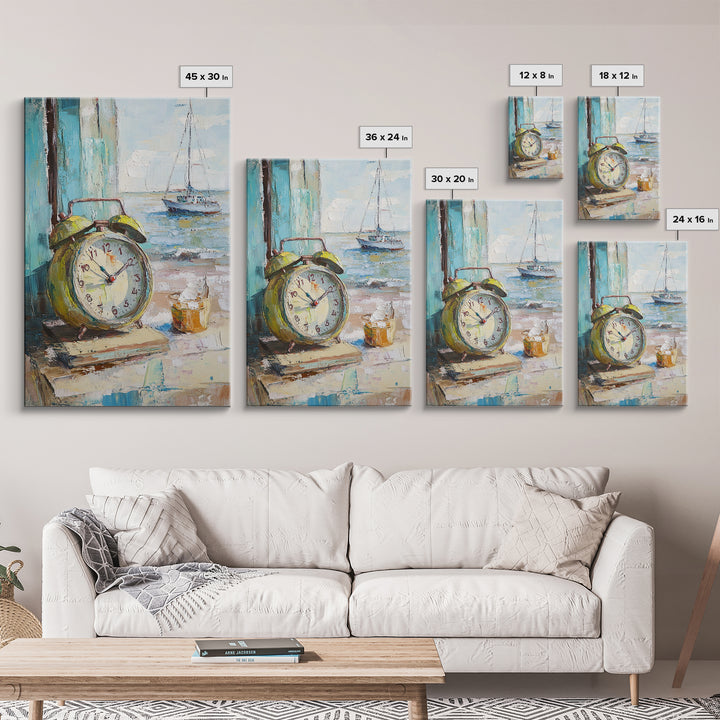 Nautical Alarm Clock Still Life Framed Canvas Print, Coastal Wall Art, Beach House Decor, Sailboat Ocean Art Print, Nautical Home Decor