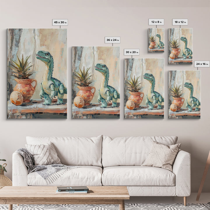 Cute Dinosaur And Potted Plant Canvas Print, Whimsical Animal Wall Art, Kids Room Decor, Nursery Art, Playroom Gift For Child Bedroom