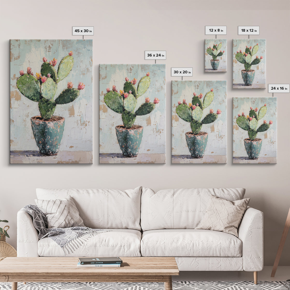 Prickly Pear Cactus In Rustic Pot Canvas Print, Desert Wall Art, Southwest Decor, Botanical Wall Decor, Plant Lover Gift