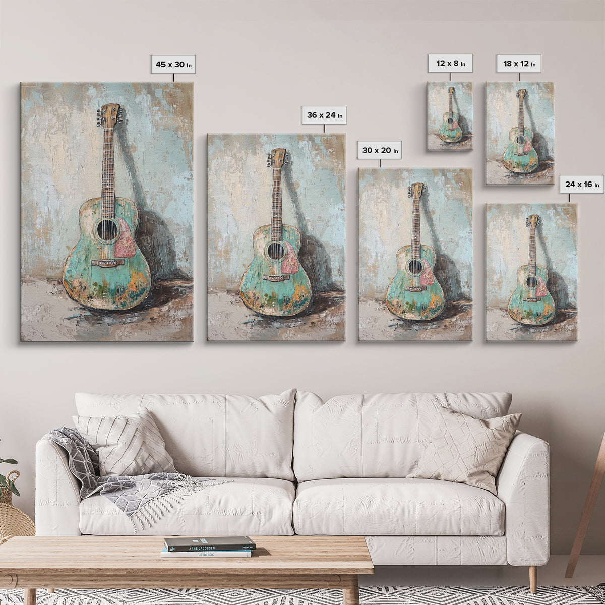 Weathered Turquoise Acoustic Guitar Canvas Print, Music Room Wall Art, Rustic Music Decor, Guitar Lover Gift, Studio Poster