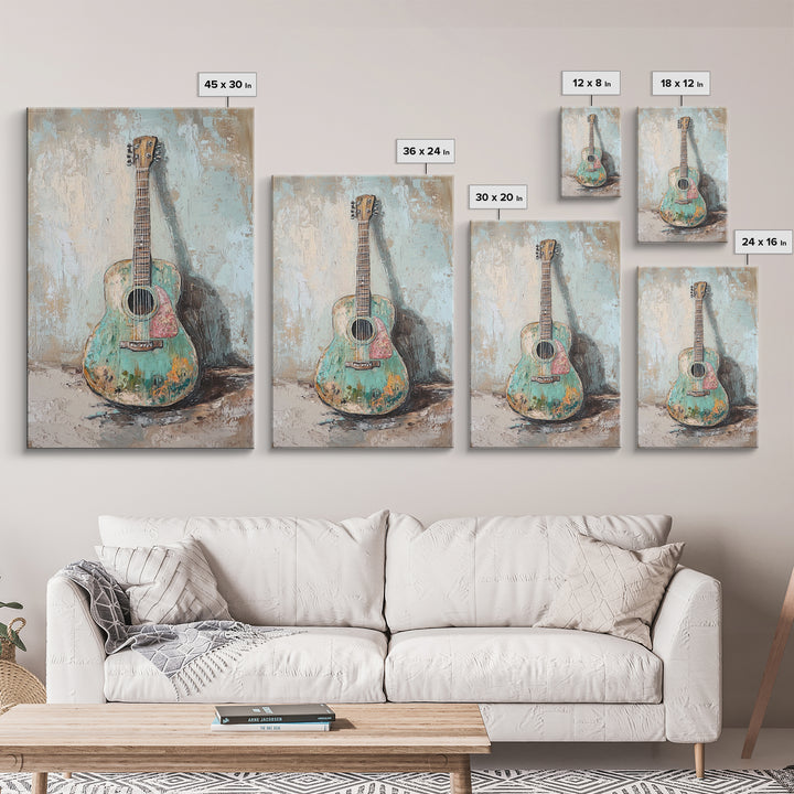 Weathered Turquoise Acoustic Guitar Canvas Print, Music Room Wall Art, Rustic Music Decor, Guitar Lover Gift, Studio Poster