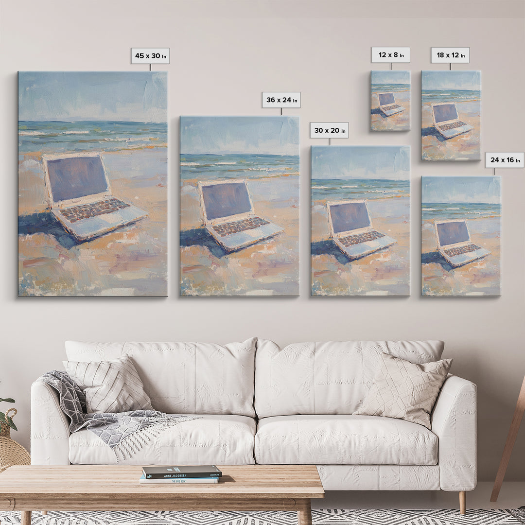 Open Laptop On Sandy Beach Framed Canvas Print, Coastal Wall Art, Remote Work Office Decor, Ocean Landscape Art Print, Beach House Decor