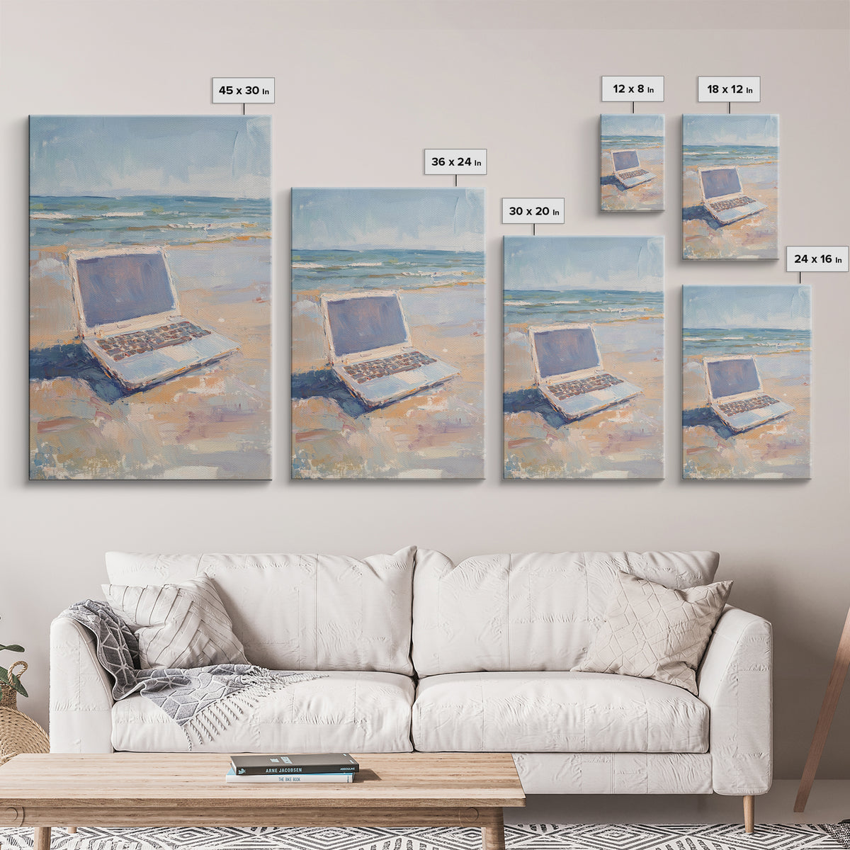 Open Laptop On Sandy Beach Framed Canvas Print, Coastal Wall Art, Remote Work Office Decor, Ocean Landscape Art Print, Beach House Decor