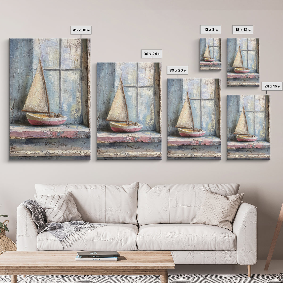 Weathered Sailboat On Window Sill Framed Canvas Print, Nautical Wall Art, Coastal Decor, Beach House Art, Seascape Art, Ocean Wall Decor