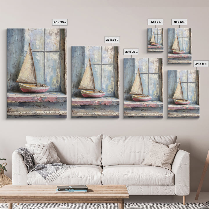 Weathered Sailboat On Window Sill Framed Canvas Print, Nautical Wall Art, Coastal Decor, Beach House Art, Seascape Art, Ocean Wall Decor