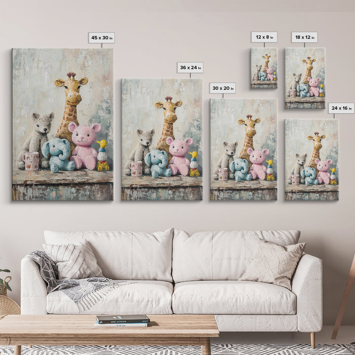Whimsical Nursery Stuffed Animals Wall Art, Giraffe Teddy Bear Elephant Print, Kids Room Decor, Baby Shower Gift For Baby Room
