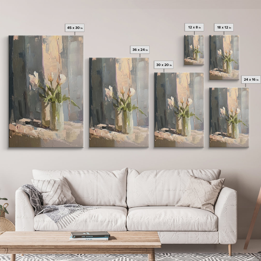 Soft White Tulips Framed Canvas Print, Impasto Floral Still Life, Neutral Wall Decor, Bedroom Decor, Gift For Her, Home Decor