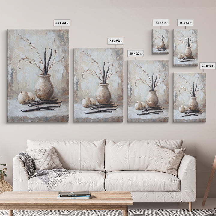 Rustic Vanilla Bean And Garlic Still Life Wall Art, Neutral Kitchen Decor, Farmhouse Canvas Print, Dining Room Art, Gift For Foodie