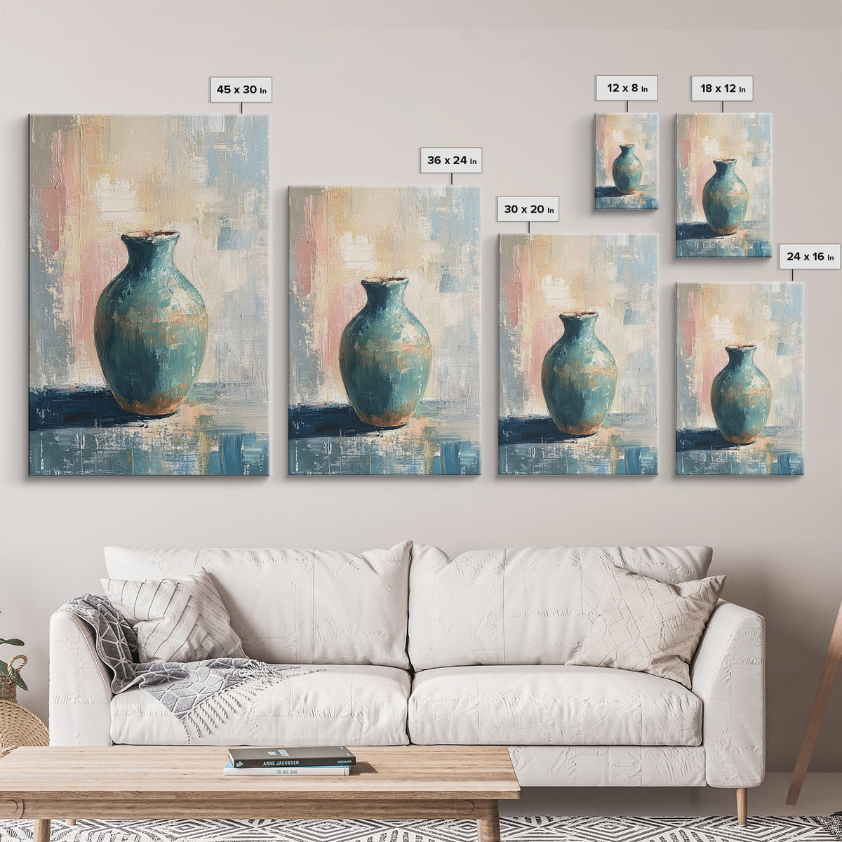 Turquoise Ceramic Vase Canvas Print, Modern Still Life Painting, Teal Wall Decor, Minimalist Art, Living Room Decor, Home Decor