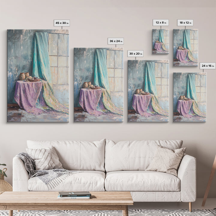 Turquoise Draped Fabric Still Life Wall Art, Soft Pastel Table Scene, Contemporary Canvas Print, Living Room Wall Decor, Home Decor