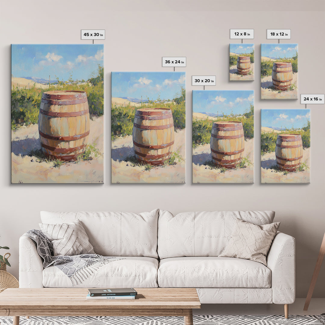 Sunlit Vineyard Wine Barrel Canvas Print, Rustic Winery Landscape Painting, Wine Wall Art, Kitchen Decor, Gift For Wine Lover