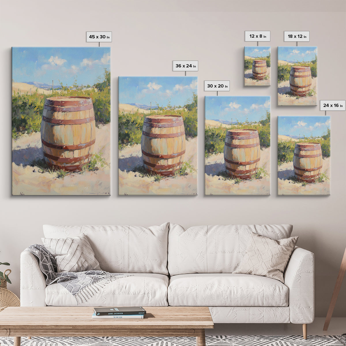 Sunlit Vineyard Wine Barrel Canvas Print, Rustic Winery Landscape Painting, Wine Wall Art, Kitchen Decor, Gift For Wine Lover