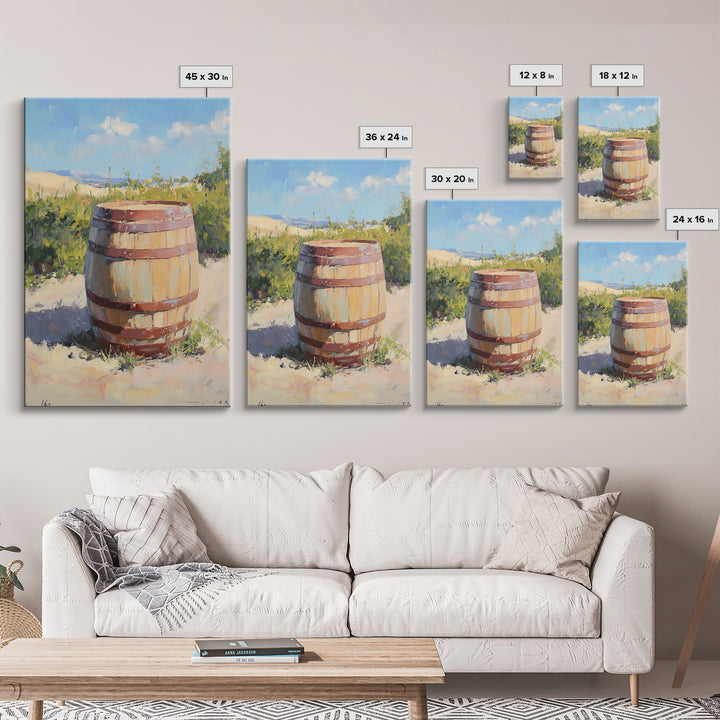 Sunlit Vineyard Wine Barrel Canvas Print, Rustic Winery Landscape Painting, Wine Wall Art, Kitchen Decor, Gift For Wine Lover