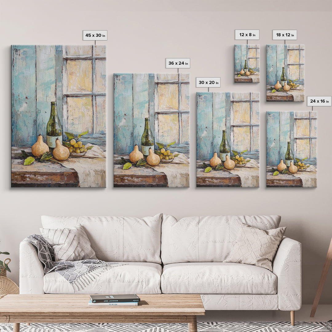 Wine Bottle Pears And Grapes By Window Canvas Print, Rustic Kitchen Wall Art For Dining Room Decor And French Country Decor