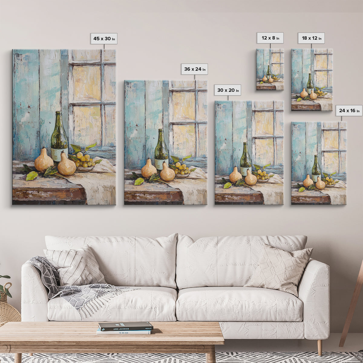Wine Bottle Pears And Grapes By Window Canvas Print, Rustic Kitchen Wall Art For Dining Room Decor And French Country Decor