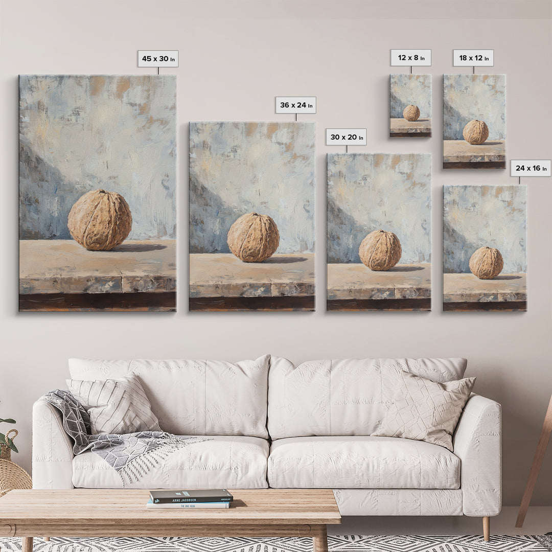 Minimal Walnut Still Life On Shelf Canvas Print, Neutral Kitchen Wall Art For Rustic Home Decor And Farmhouse Wall Decor