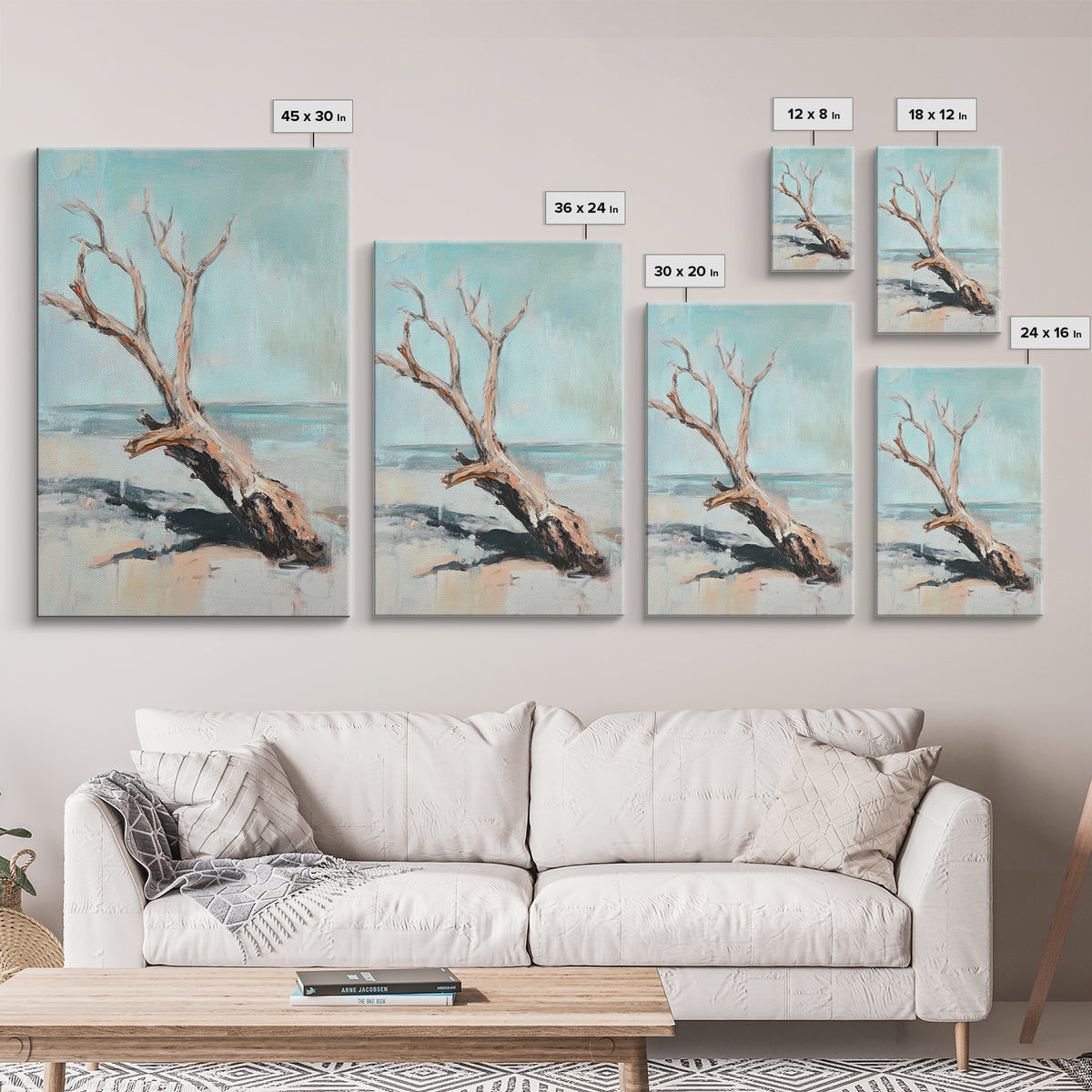 Weathered Driftwood On Quiet Beach Canvas Print, Coastal Wall Art, Minimalist Seascape Decor, Neutral Ocean Landscape Art