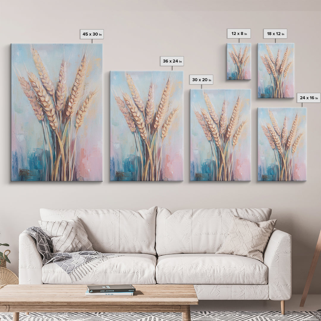 Golden Wheat Stalks In Soft Pastel Light Framed Canvas Print, Rustic Farmhouse Wall Art, Country Kitchen Decor, Housewarming Gift