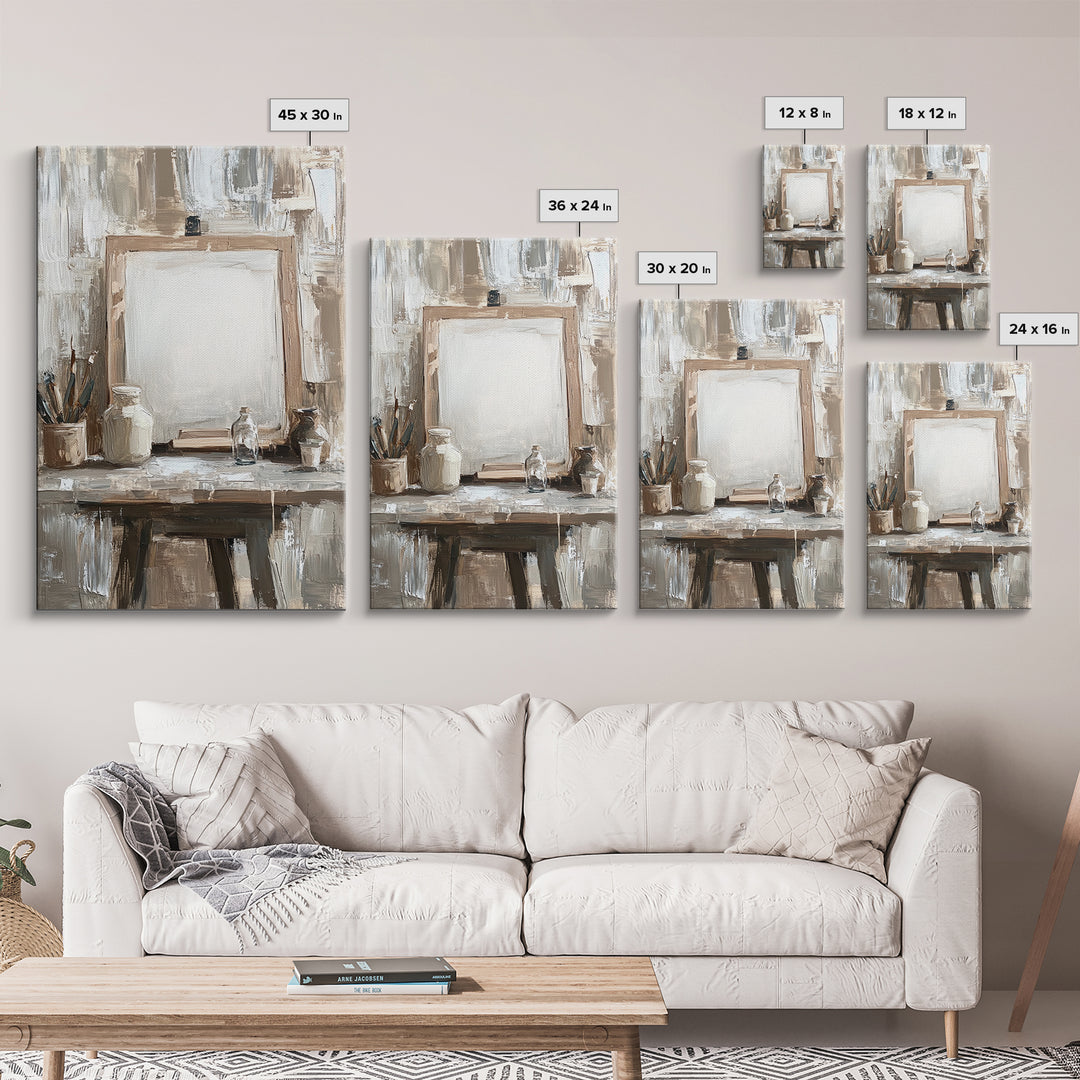 Neutral Artist Studio Easel And Paintbrushes Framed Canvas Print, Minimalist Office Wall Art, Rustic Home Decor For Creative Spaces