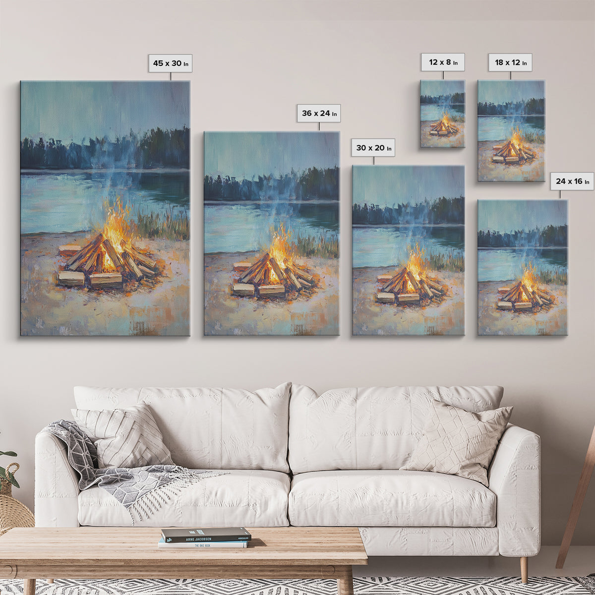 Lakeside Campfire At Dusk Wall Art, Rustic Cabin Decor, Cozy Nature Print, Lake House Canvas, Housewarming Gift, Living Room Decor