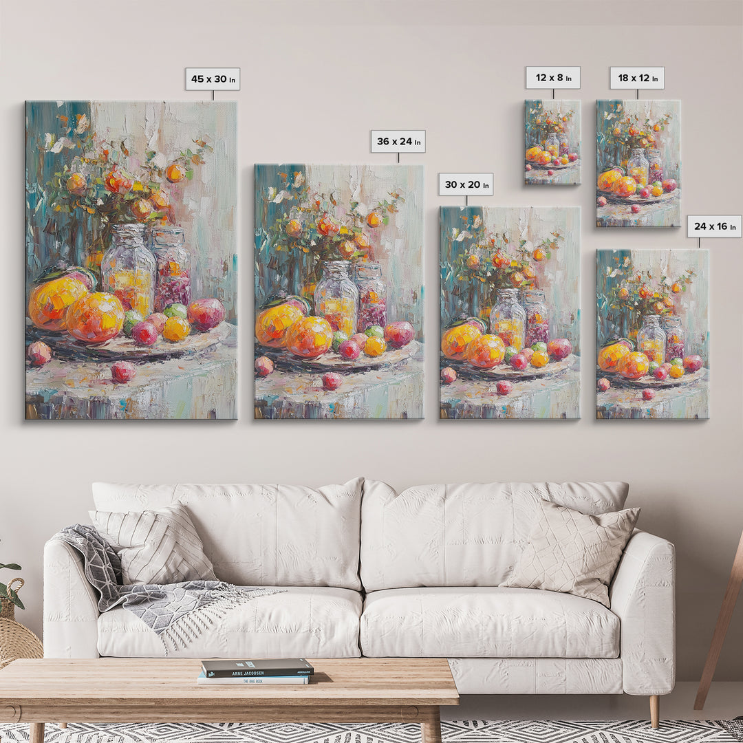 Colorful Citrus Fruit Still Life With Glass Jars Canvas Print, Kitchen Wall Art, Rustic Farmhouse Dining Room Decor, Foodie Gift