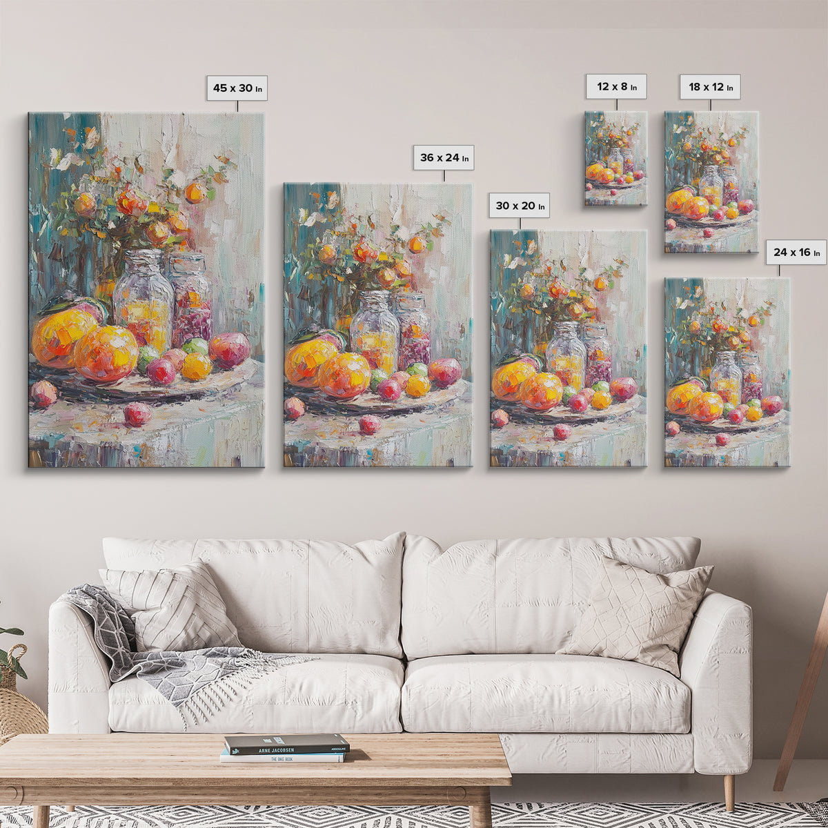 Colorful Citrus Fruit Still Life With Glass Jars Canvas Print, Kitchen Wall Art, Rustic Farmhouse Dining Room Decor, Foodie Gift