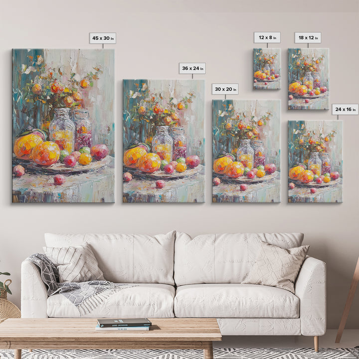 Colorful Citrus Fruit Still Life With Glass Jars Canvas Print, Kitchen Wall Art, Rustic Farmhouse Dining Room Decor, Foodie Gift